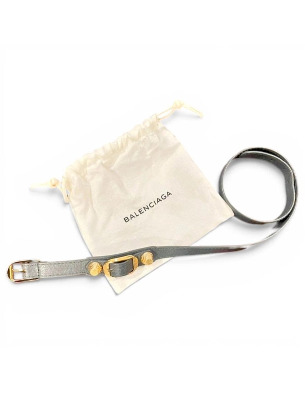 Balenciaga Metallic Silver Slim Leather Belt with Gold-Tone Medallion Hardware